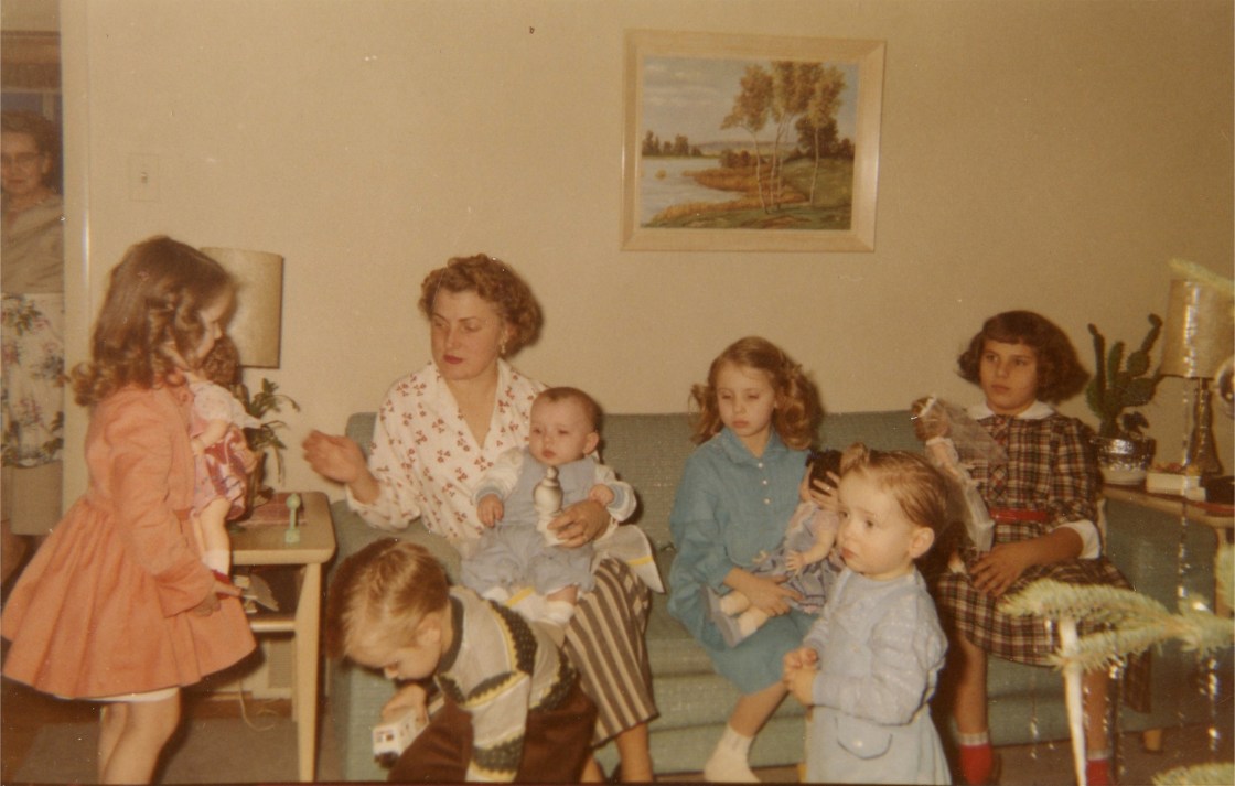 From far left, Aunt Ruth, sister Gail, cousin Thelma, Bro Bryan, Me, cousin Brenda, Front Bros Bob & Don