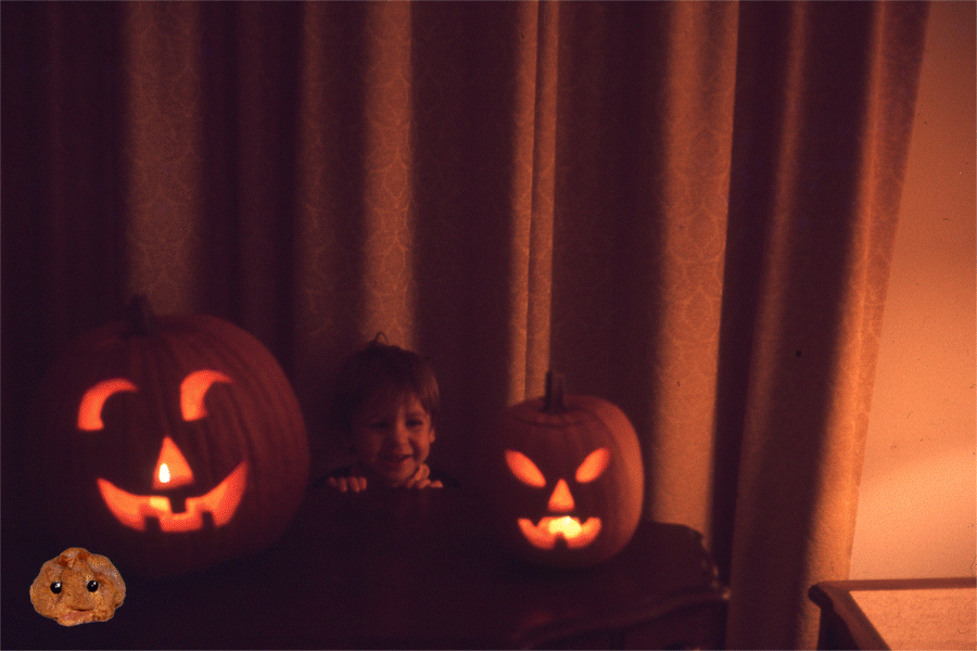 One of his earlier Halloweens with a jumping apple head for an apple head doll